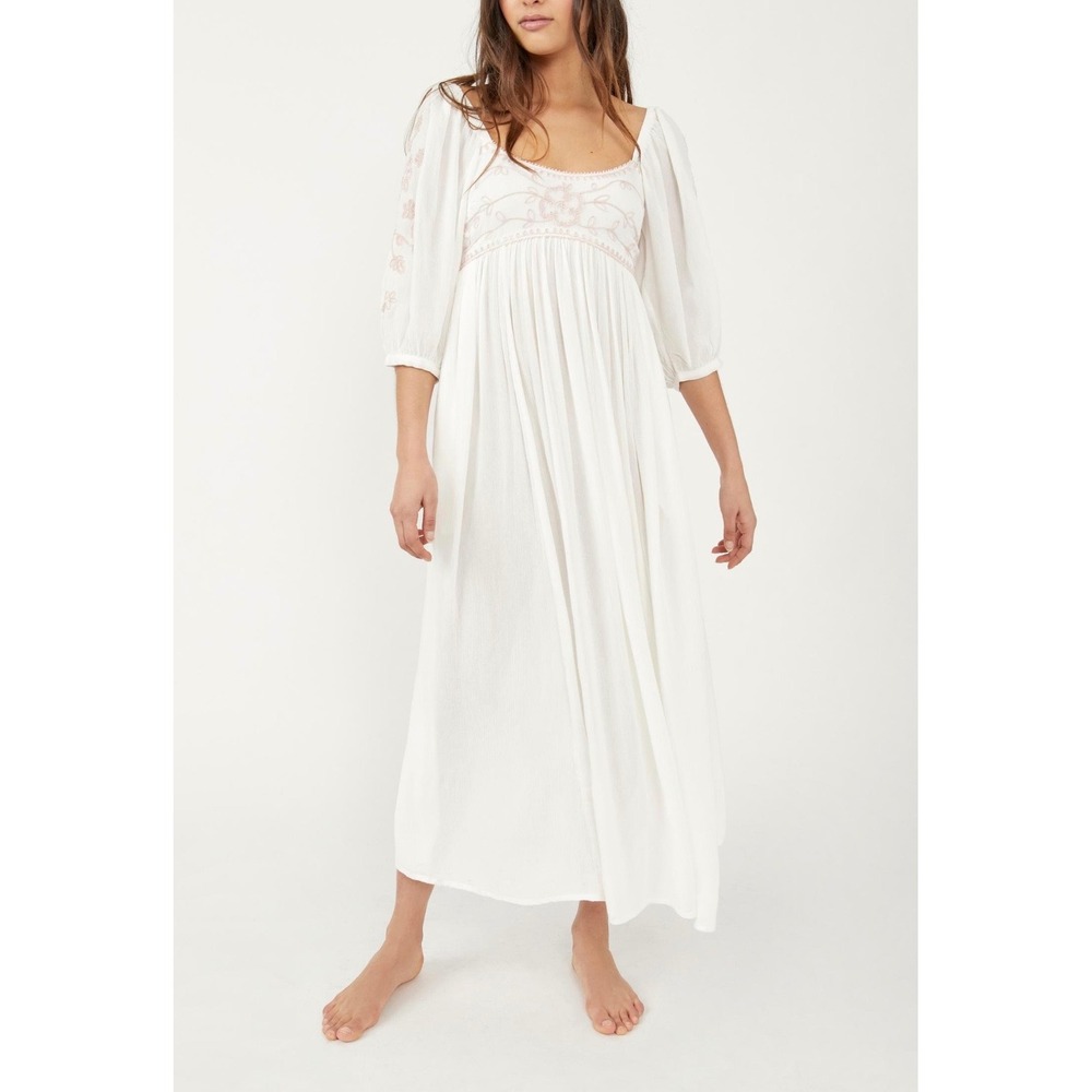 Free People Dahlia Embroidered Maxi Dress Ivory Pink Boho Gauze Size M Romantic